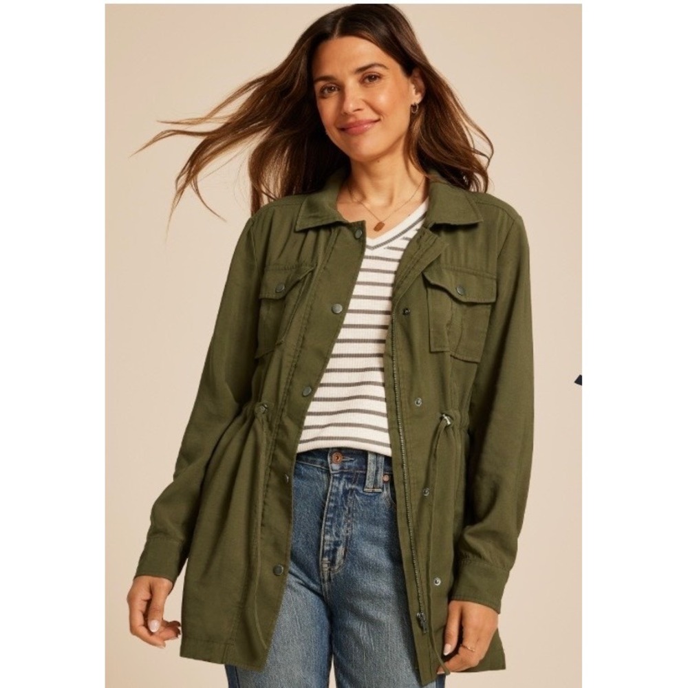Maurices Womens Olive Green Utility Jacket Drawstring Waist Full Zip Size L NWT